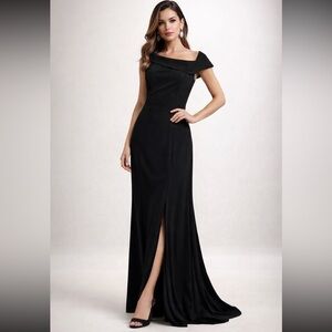 Xscape Black Off Shoulder Evening Gown Size 6 Formal Dress Asymmetrical Neckline
